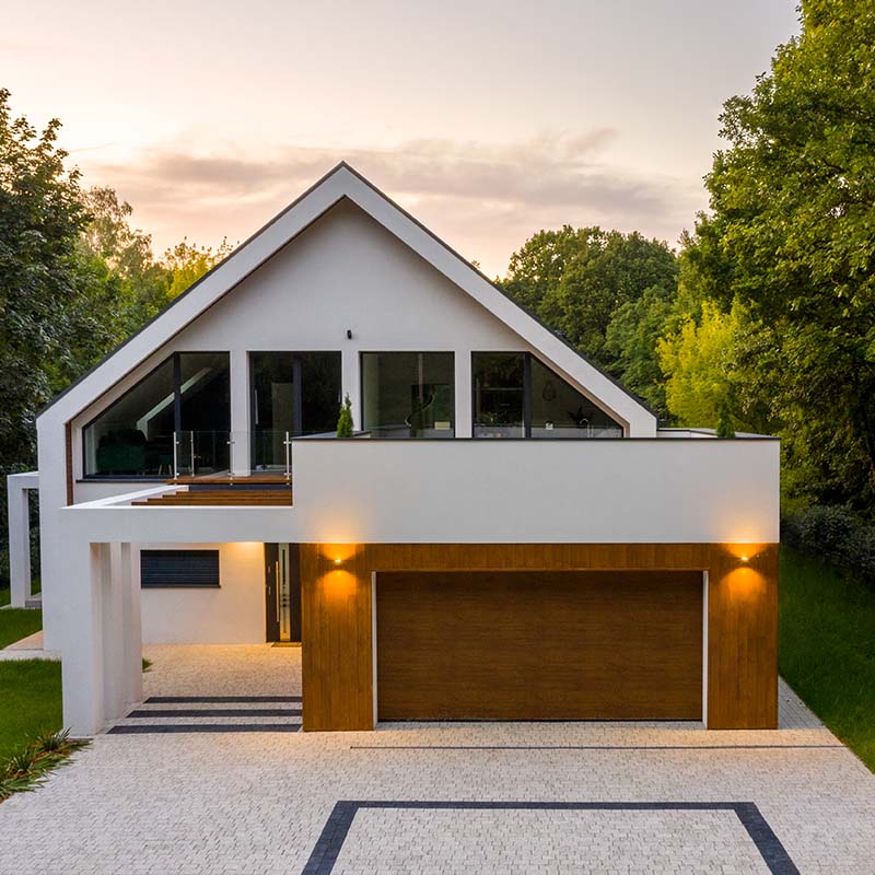 House with lights on, exterior